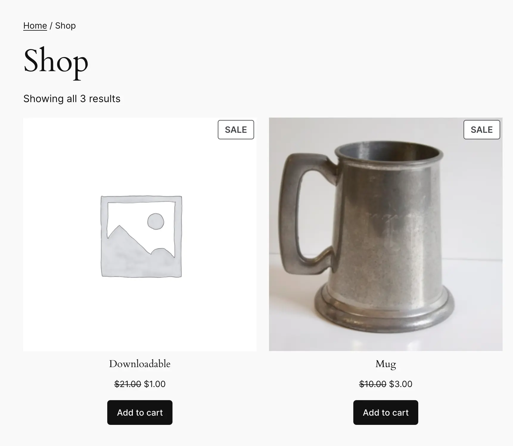 Screenshot of the sale badges on items on the shop page of a WooCommerce store.