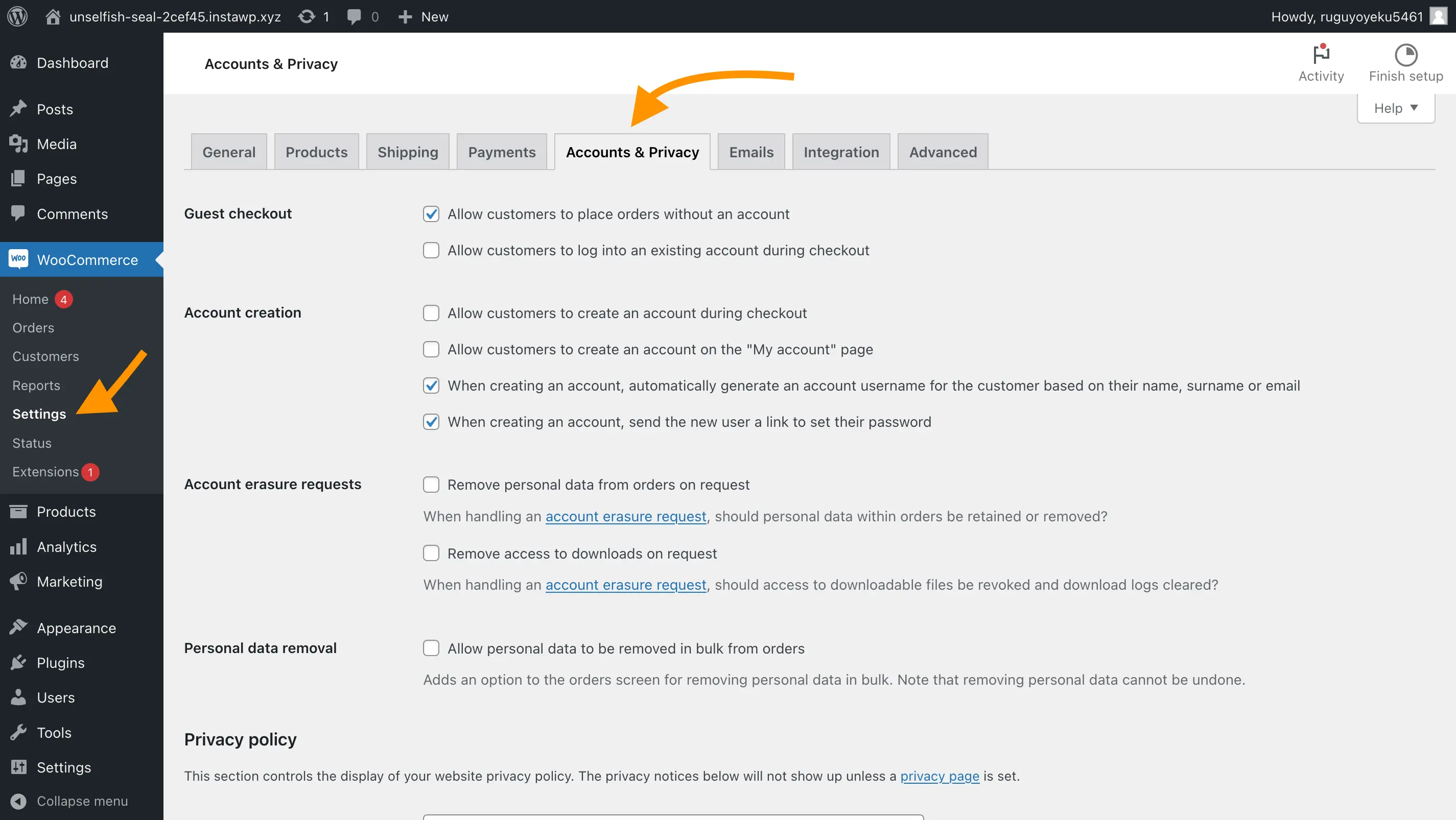 Screenshot of the WooCommerce settings page, with arrows pointing to the sidebar where to get to the settings, and then pointing to the Accounts & Privacy tab.