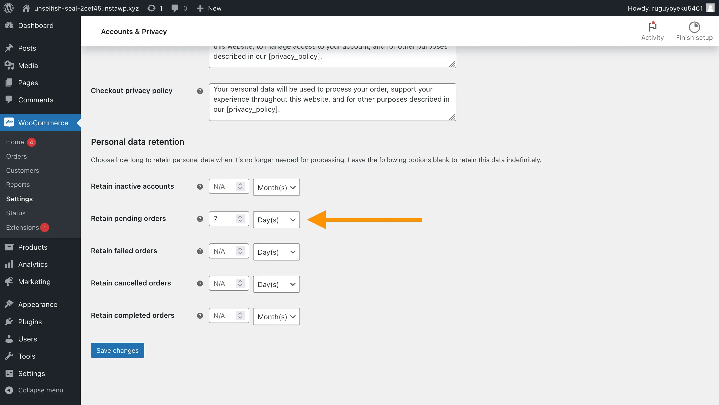 Screenshot of the bottom of the Accounts & Privacy WooCommerce settings page, where there is an option to choose the amount of time before a pending order is deleted.