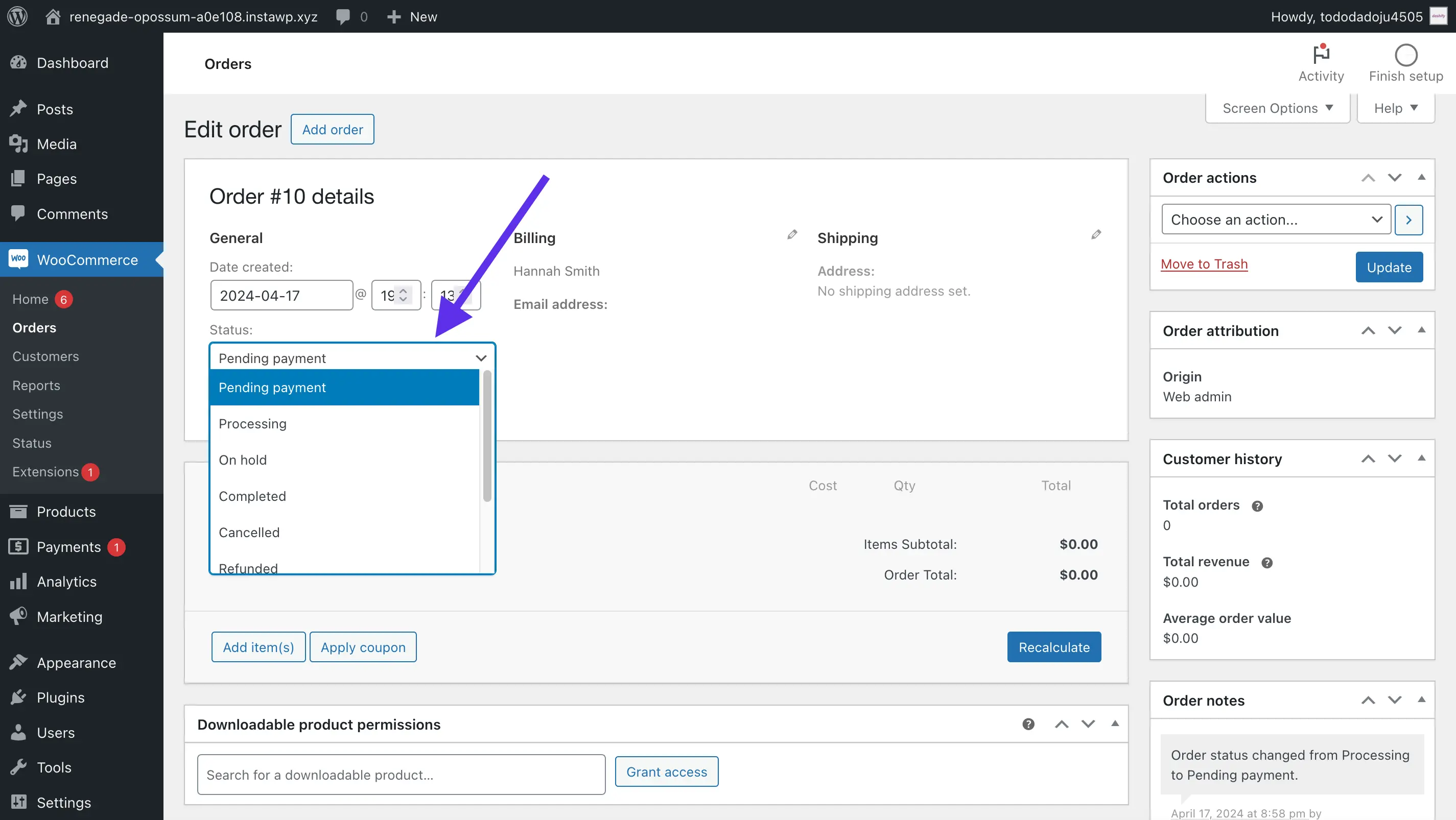 Screenshot of the WooCommerce order edit view with an arrow pointing to where the order status can be changed.