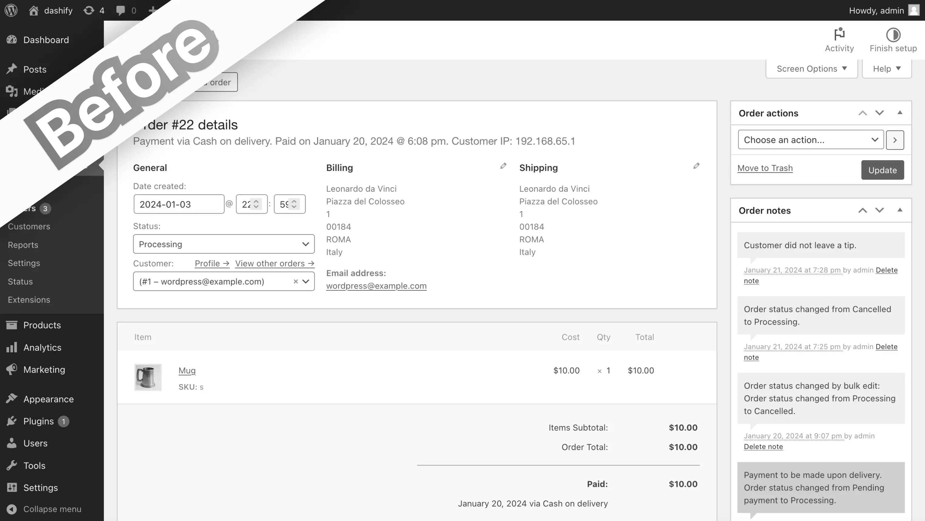 Screenshot of the order edit view in WooCommerce. The layout is dull and doesn’t look sleek.