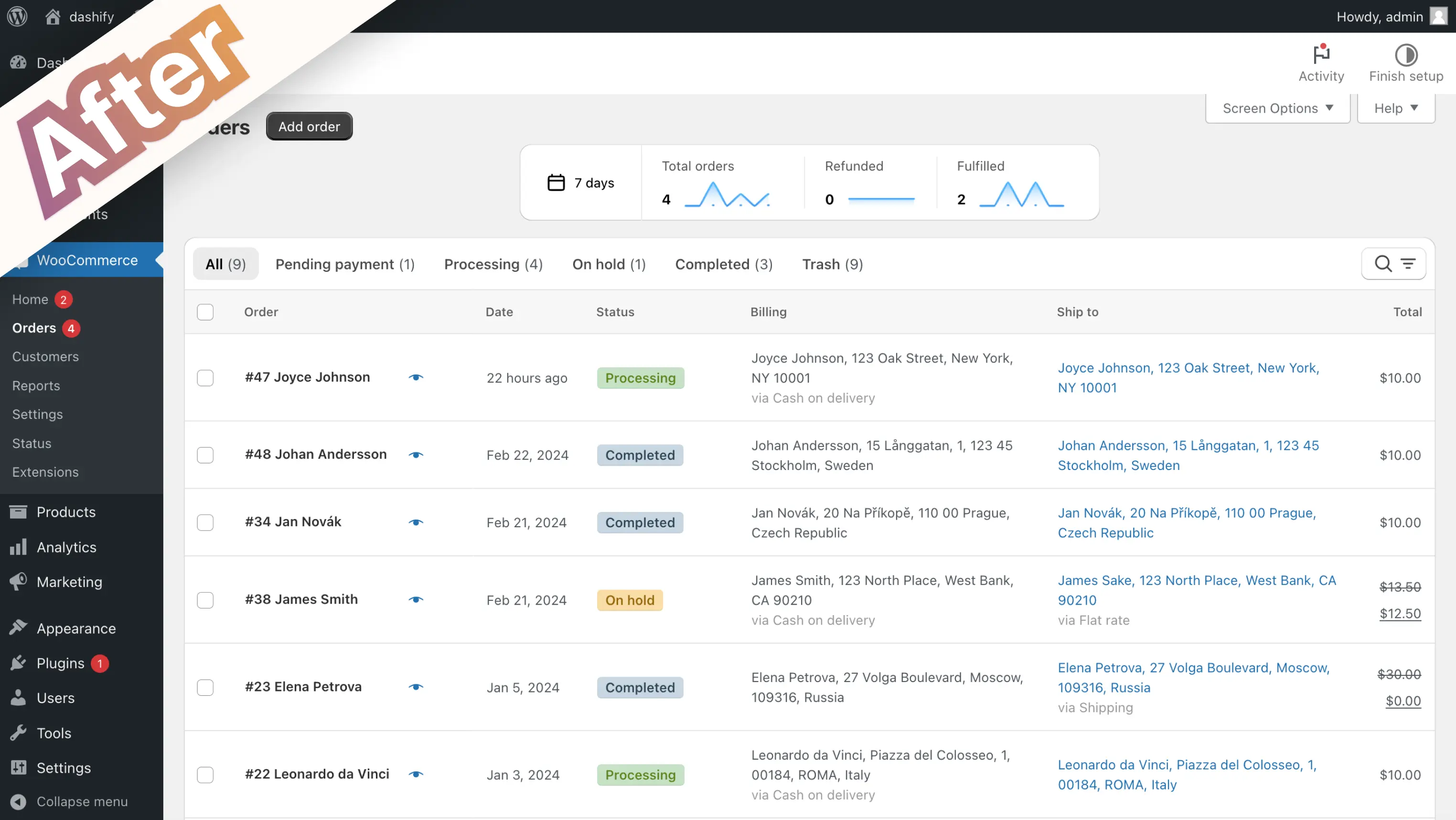 Screenshot of the order list after Dashify is added, showing improved styling of the table and a new recent order trend graph above the list.