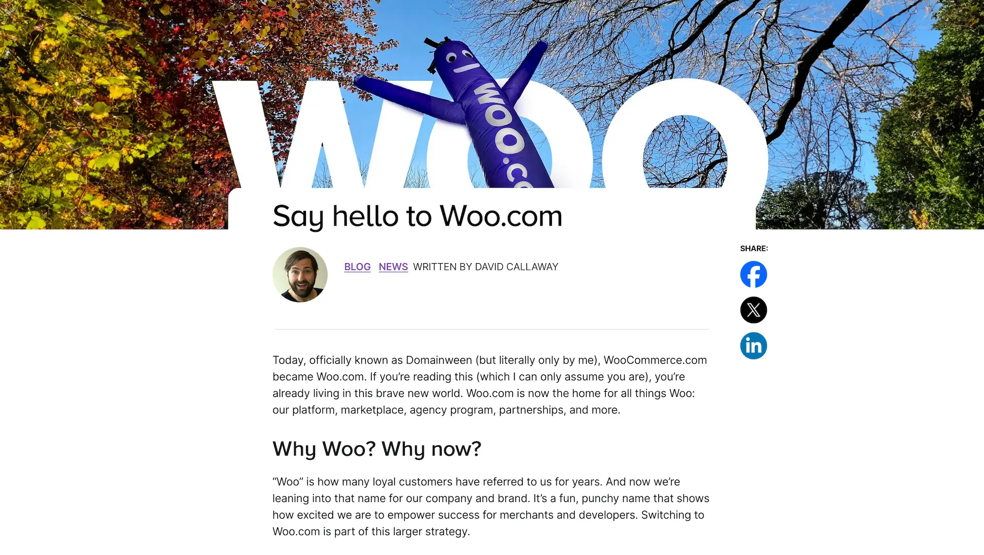 Screenshot of the top of the article where WooCommerce announced a branding change, most notably replacing nearly all mentions of “WooCommerce” on their site with “Woo”, and switching the domain to woo.com