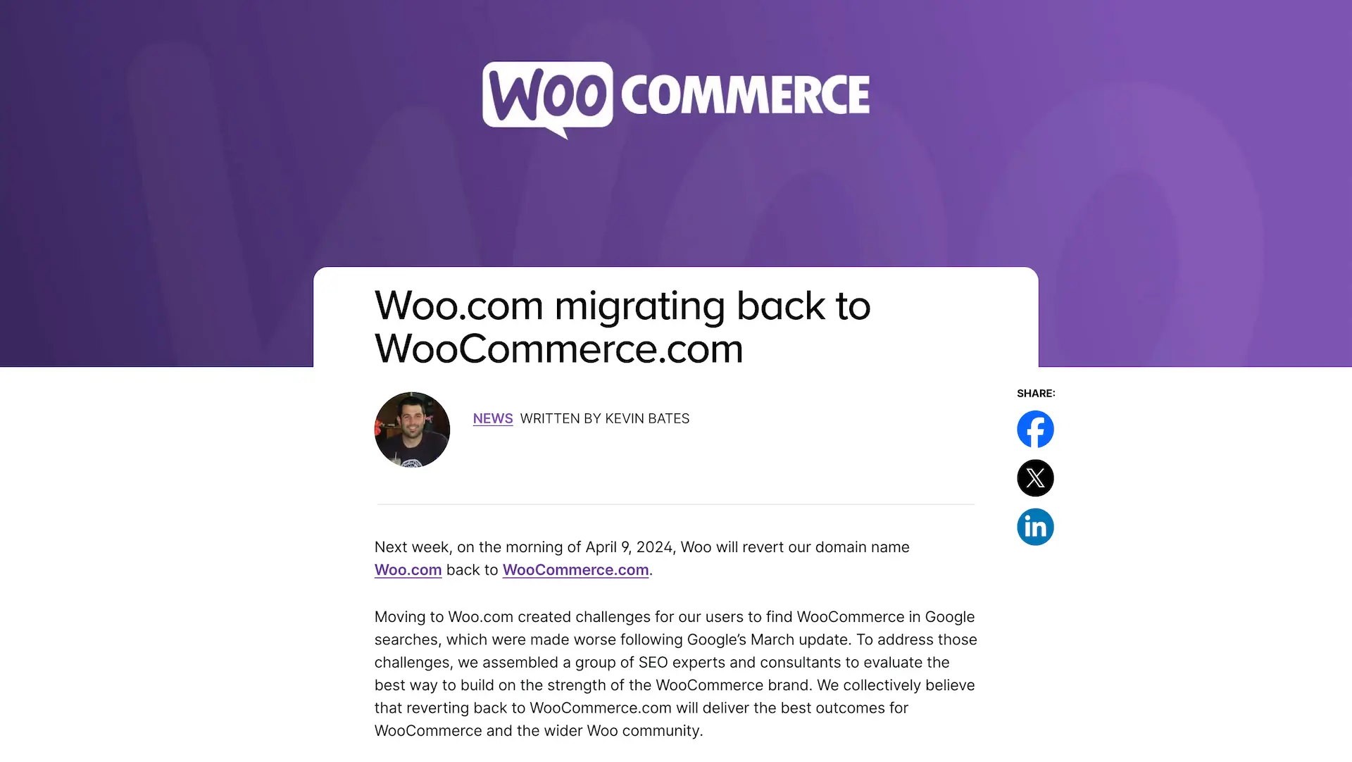 Screenshot of a blog post on the WooCommerce website about them going back to the domain woocommerce.com.