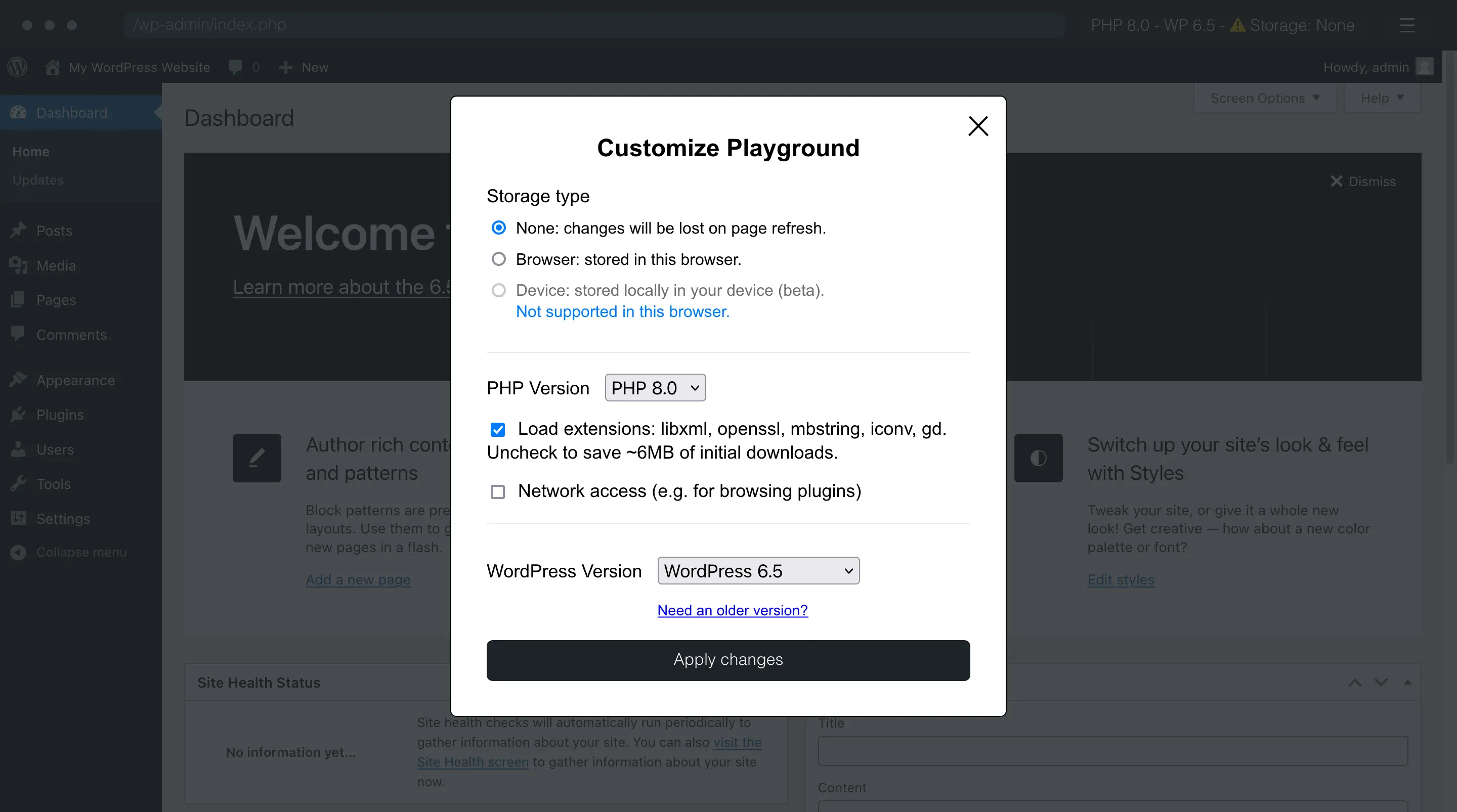 Screenshot of the configuration options for the WordPress site. The options are: PHP version, WordPress version, whether to save data to the browser or clear the site upon exit, whether to allow network access, and whether to download ceratin PHP extensions.