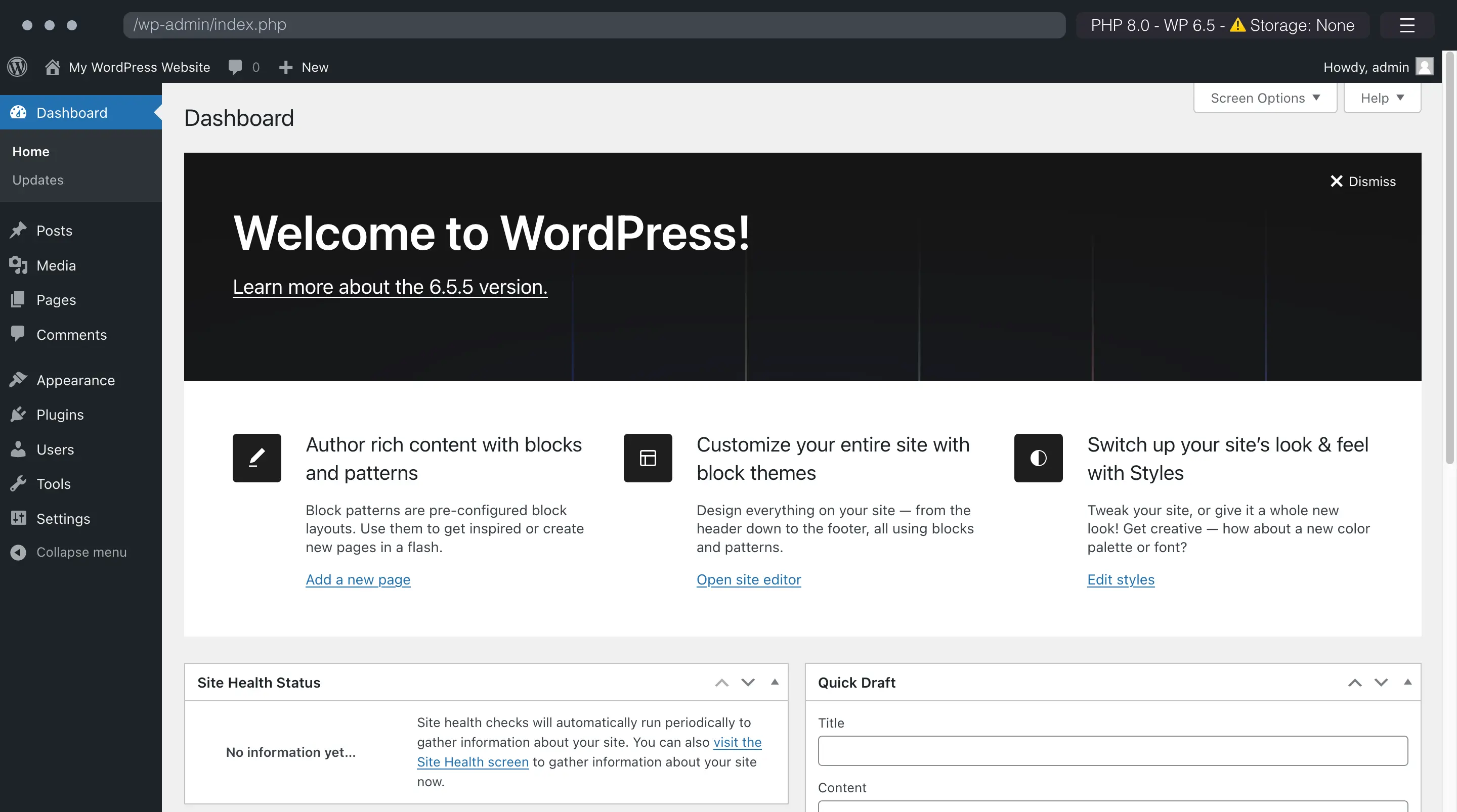 Screenshot of the WordPress admin dashboard after being created by visiting the WordPress Playground. It looks like a standard WordPress installation except for a bar at the top of the browser window that has some configuration options.