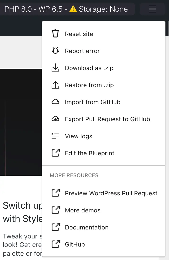 Screenshot of the menu in the WordPress Playground, with options to reset the site, download and import the site as a zip, and to view PHP logs, among others.