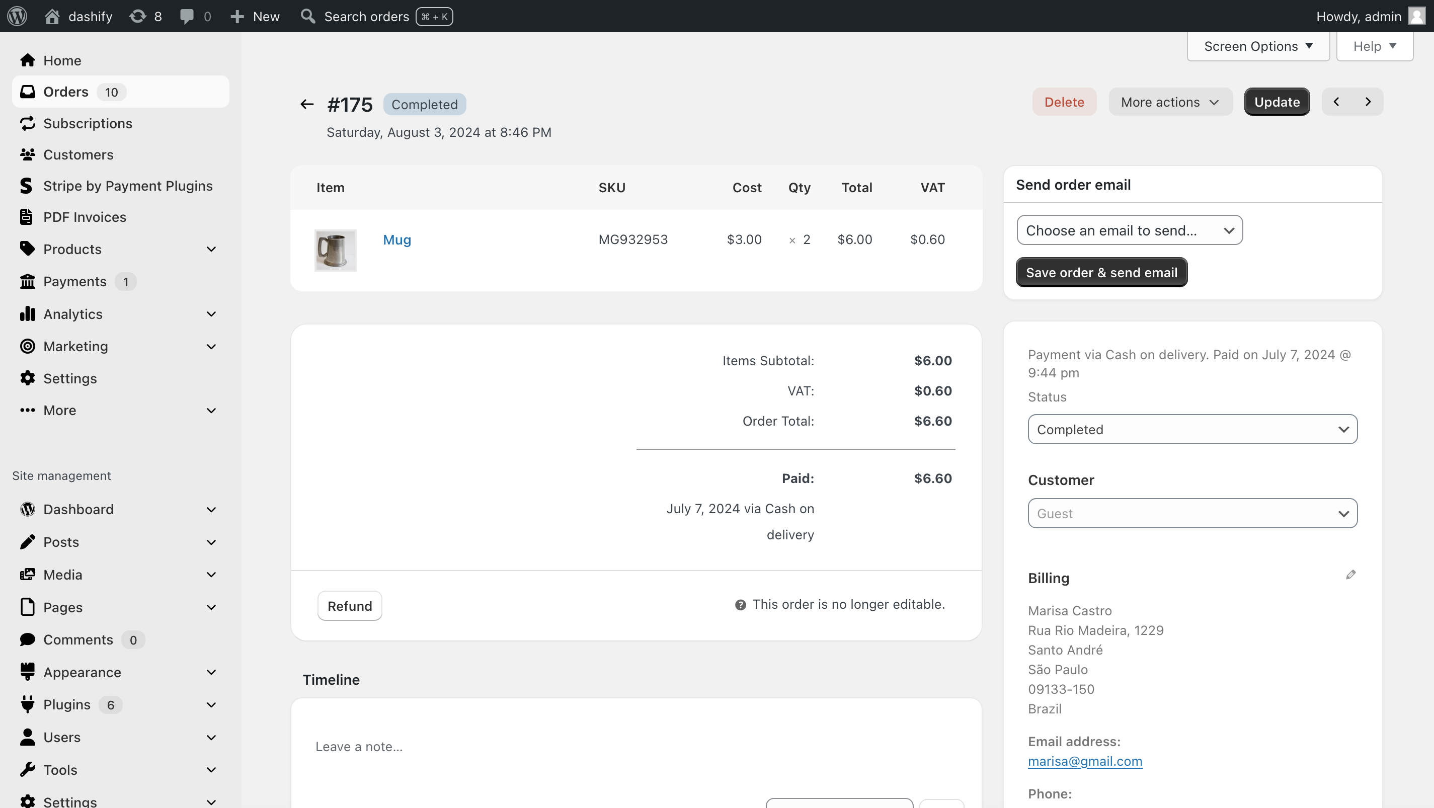 Screenshot of the WooCommerce order view/edit page that shows details about an order, with the Dashify theme applied, making it look similar to Shopify.