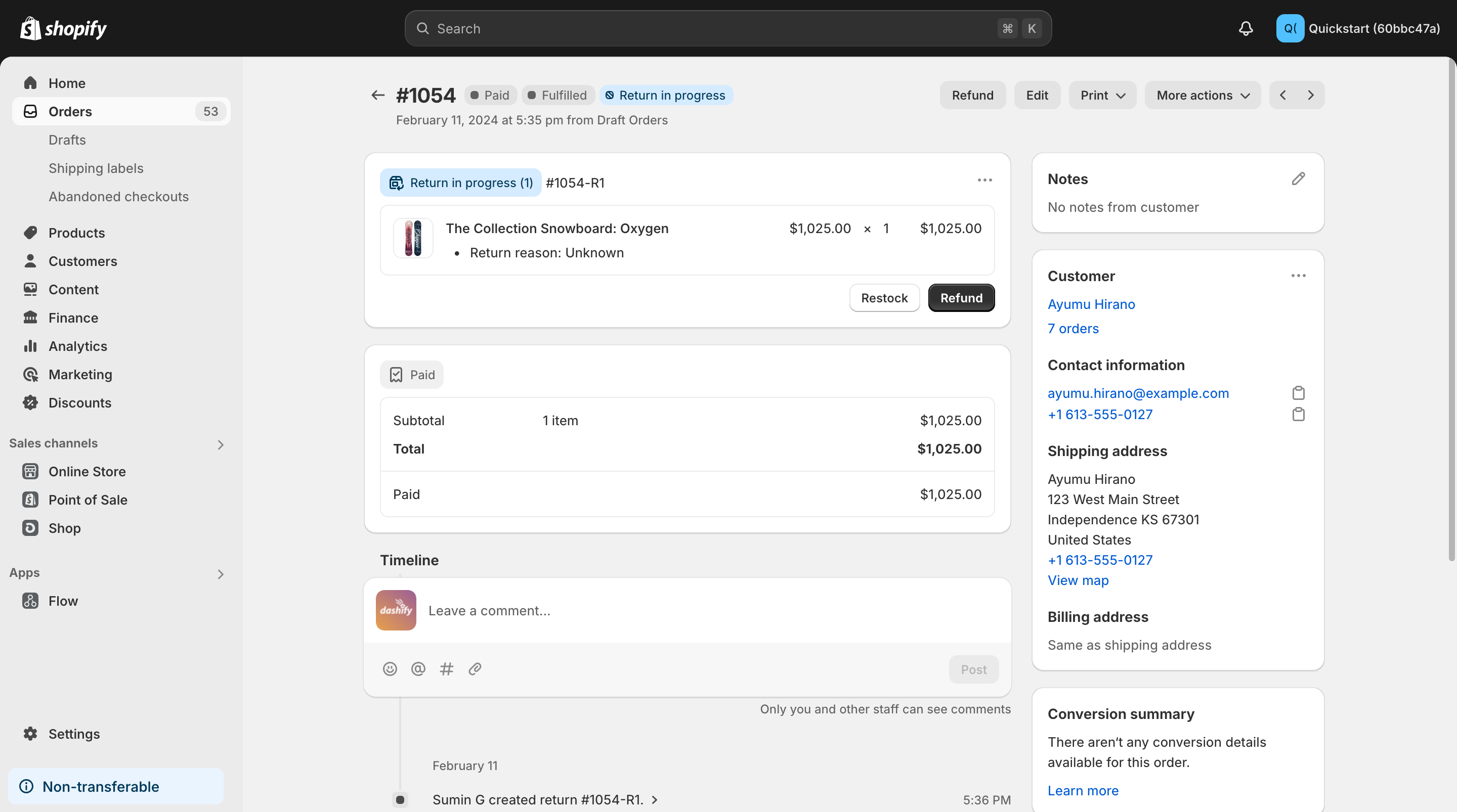 Screenshot of the Shopify admin order view page that shows details about an order.