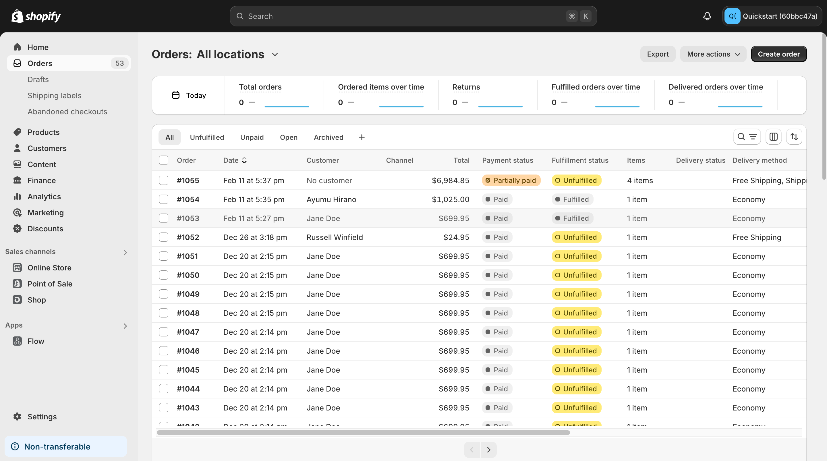 Screenshot of the Shopify admin orders page.