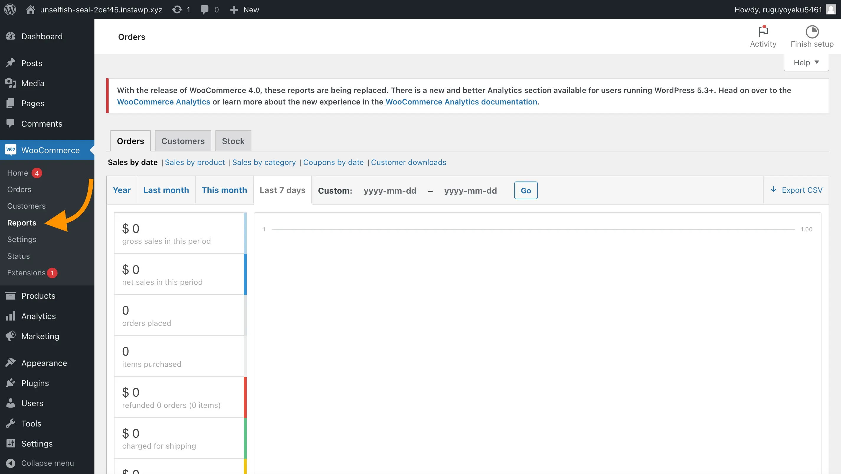 Screenshot of the WordPress dashboard, with an arrow pointing to the Reports item under WooCommerce in the left navigation, where the old WooCommerce analytics can be found.