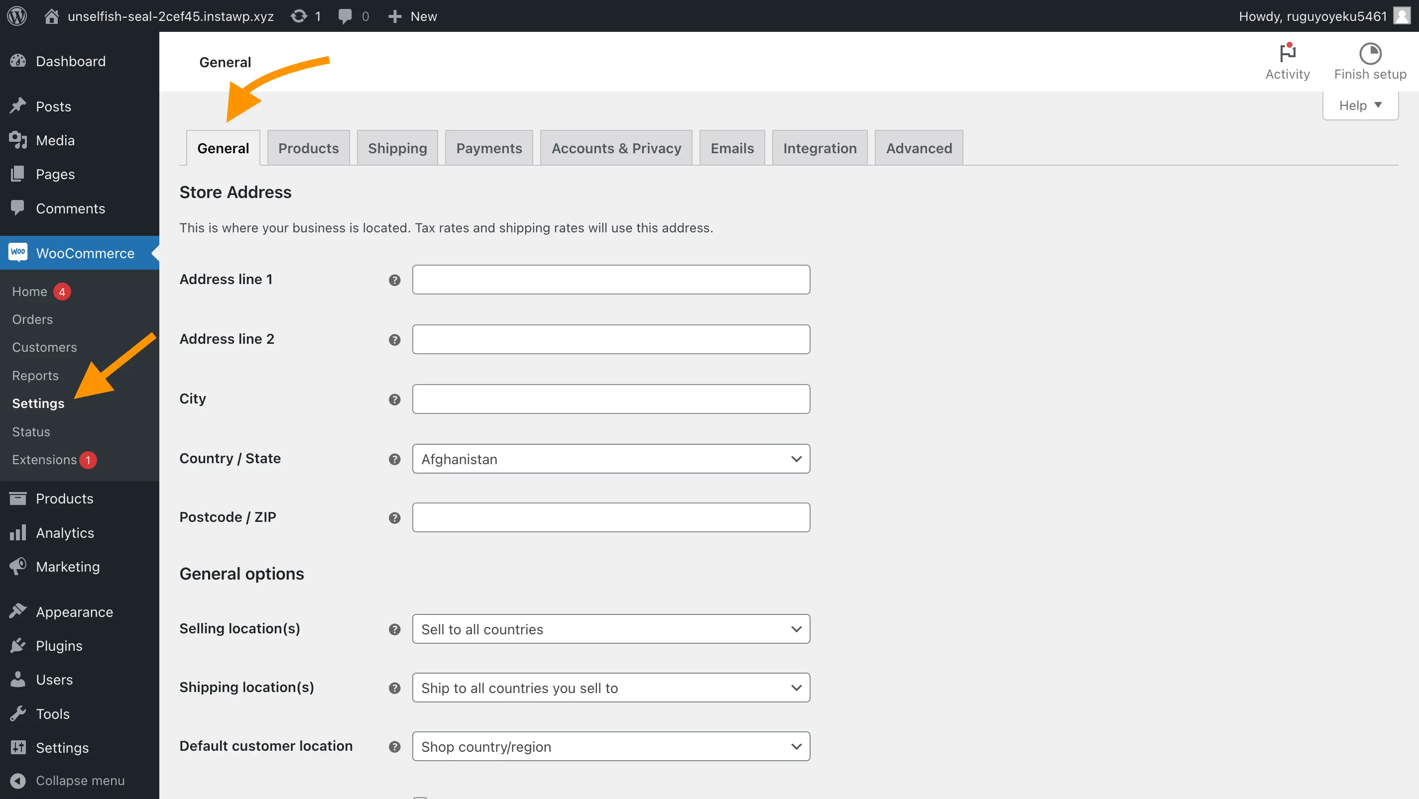 Screenshot of the WooCommerce general settings page, with arrows on how to navigate to it from the left menu in the WordPress dashboard.