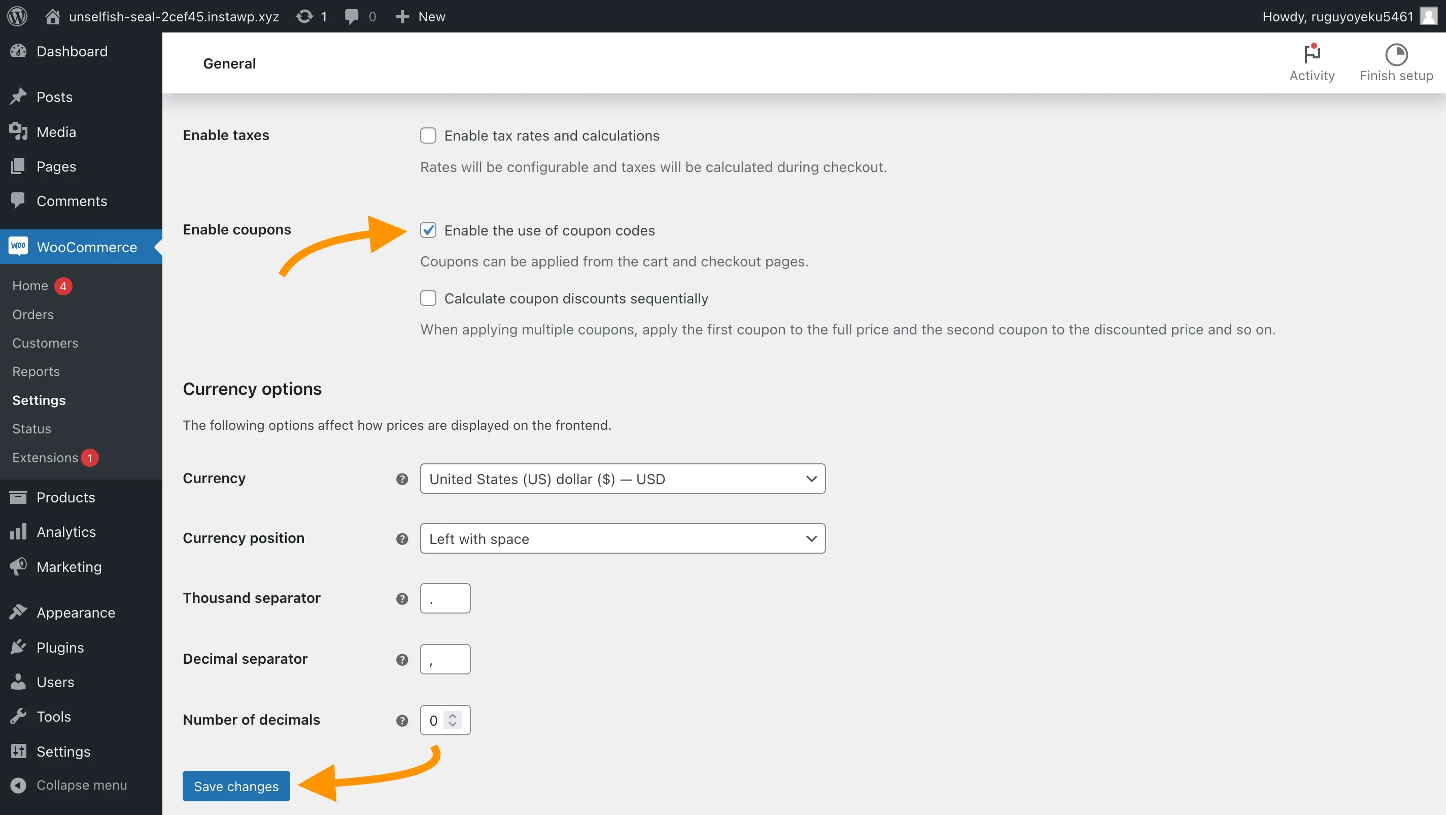 Screenshot of the field to remove the check from after scrolling down a little on the general settings page in WooCommerce, which will turn off coupons. An arrow is pointing to both the checkbox and the “Save Changes” button.