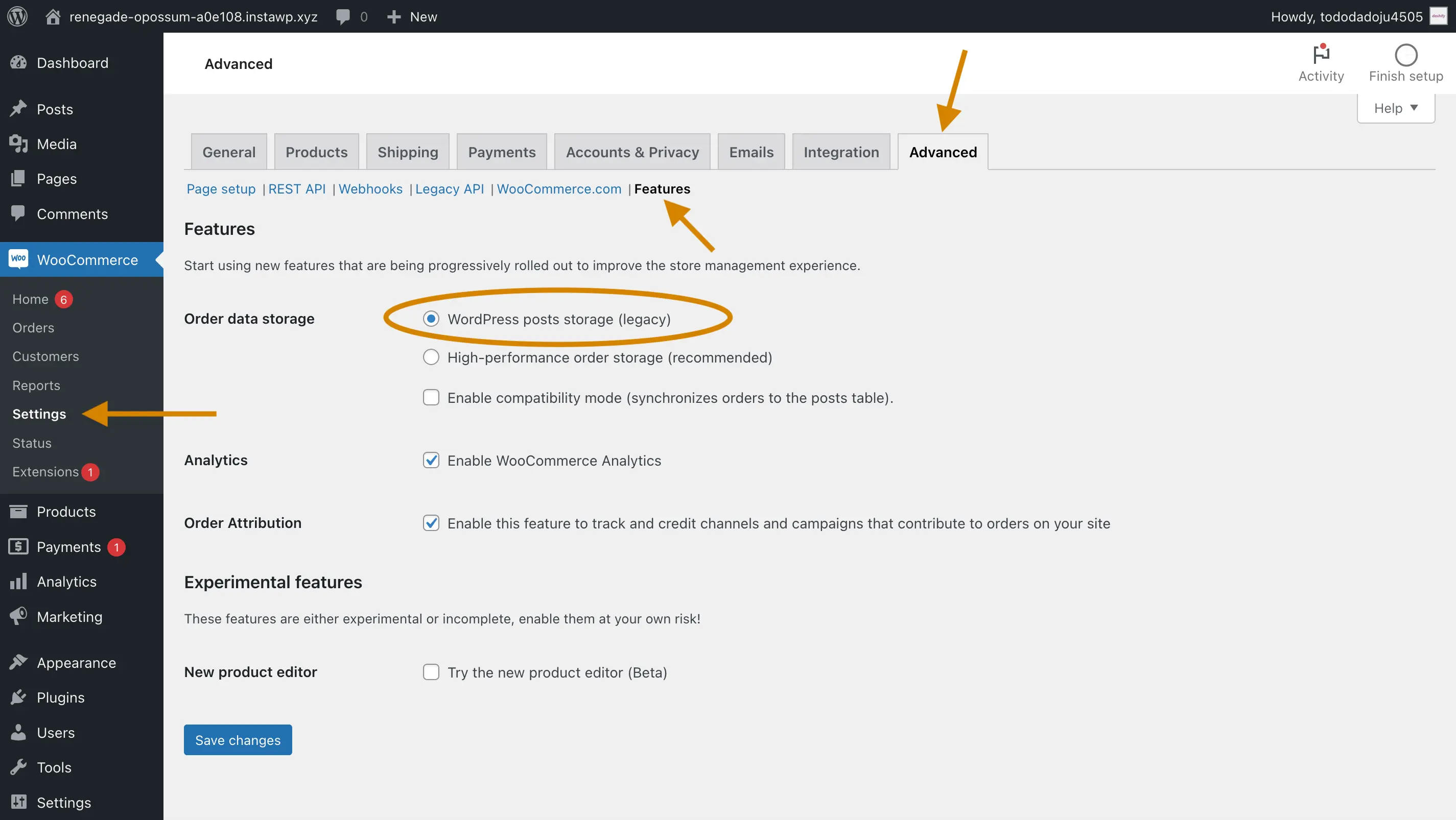 Screenshot showing how to navigate to the settings page in WooCommerce where HPOS can be turned off.