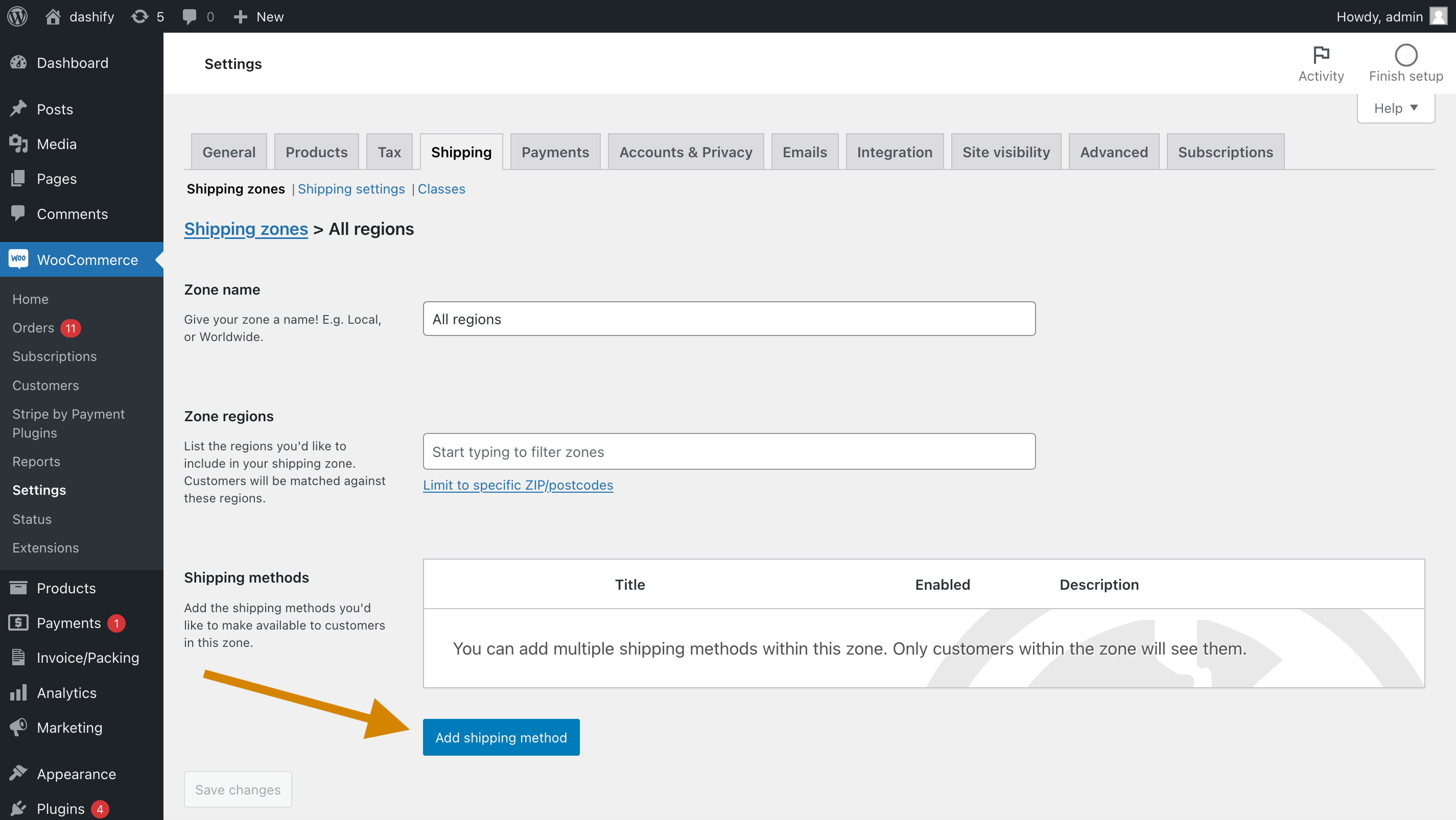 A screenshot of the view to edit a shipping zone. There is an arrow pointing to a button “Add shipping method” in the “Shipping methods” section.