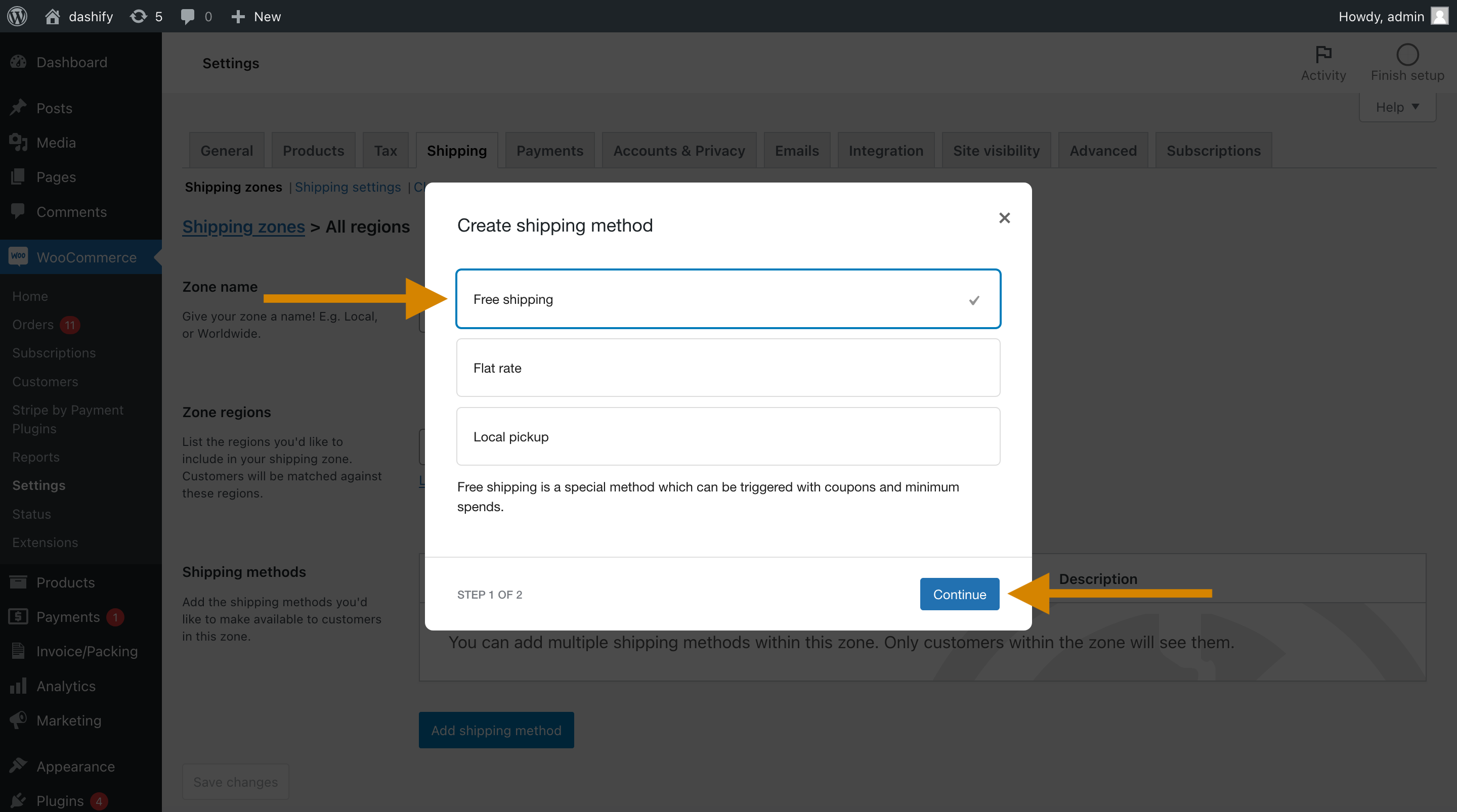 A screenshot of the popup that WooCommerce provides to choose a shipping method type. In this image, “Free shipping” is selected. There is an arrow pointing to the Continue button in the bottom right corner of the popup.