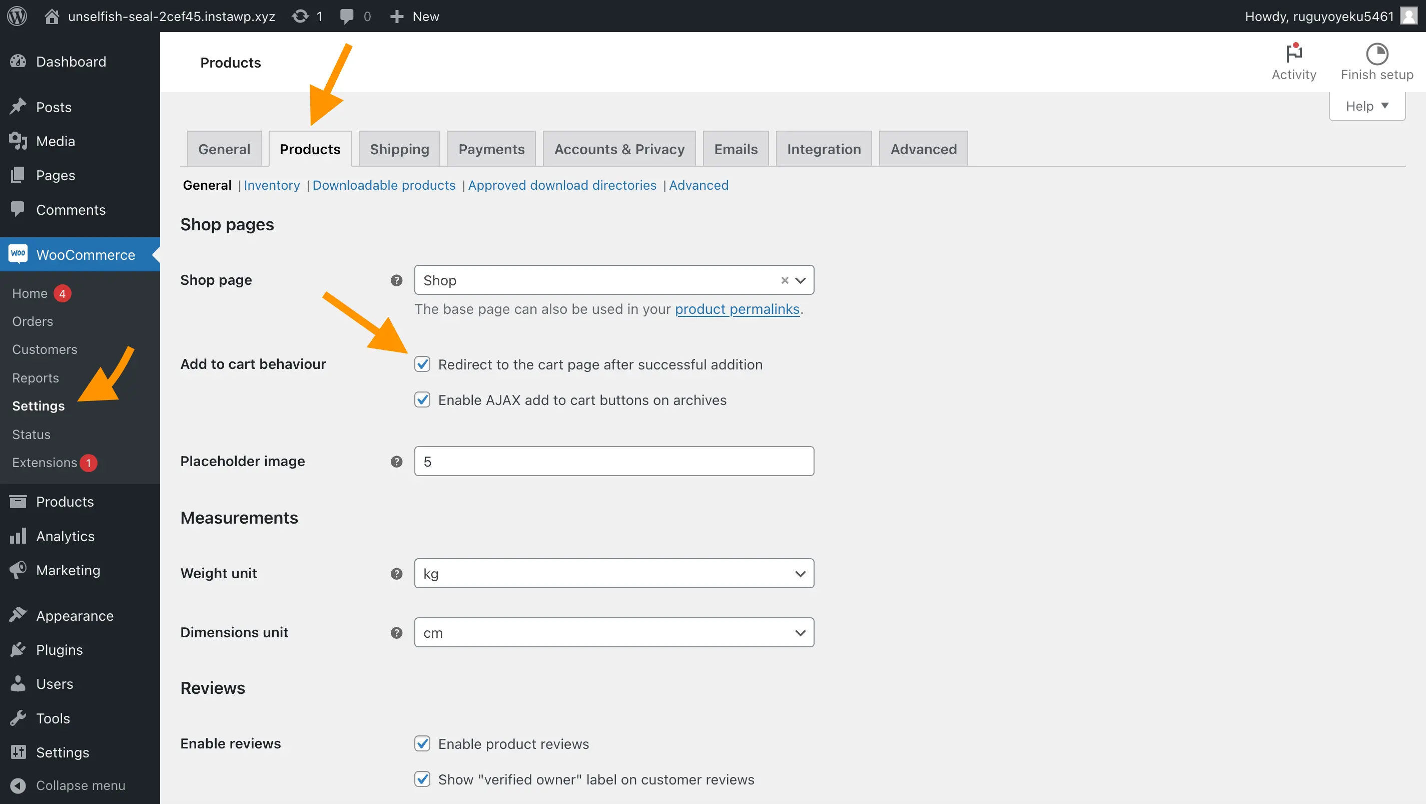 Screenshot of the WooCommerce settings, showing the Products tab where there is a checkbox to redirect the shopper to the cart after they add an item, with arrows pointing to the side navigation and tab to show how to navigate there, and one arrow pointing to the checkbox.