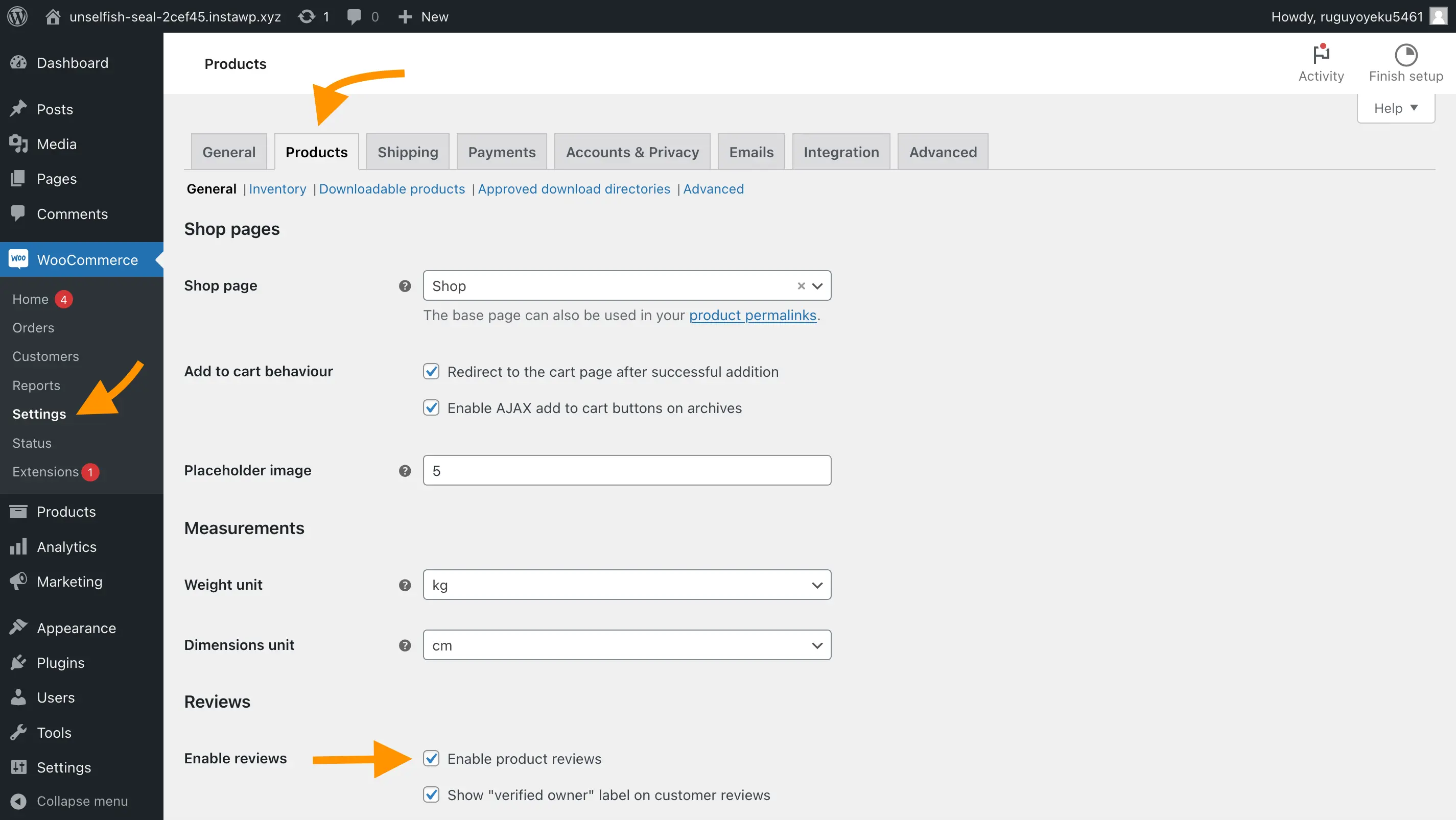 Screenshot of the WooCommerce settings showing the Product tab, with arrows pointing out how to get there, along with an arrow pointing to the checkbox to uncheck, labeled “Enable product reviews”.