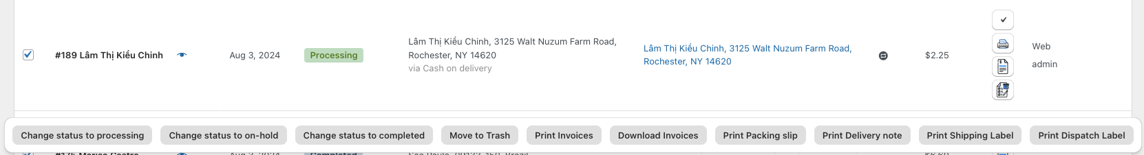 Screenshot of the WooCommerce orders list with the Dashify theme applied. An order is checked, so Dashify’s floating bulk actions appear as a row of button near the bottom of the screen. Additional buttons can be seen that were added by WooCommerce PDF Invoices, Packing Slips, Delivery Notes and Shipping Labels by WebToffee.