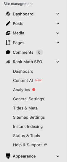 Screenshot of the Rank Math admin menu open in Dashify’s version of the WordPress admin navigation menu.