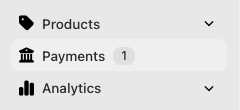 Screenshot of the “Payments” menu item showing in Dashify’s admin navigation for WooCommerce. It has the same custom style and an icon similar to Shopify’s—a bank symbol. The mouse is being hovered on it, so it is highlighted.