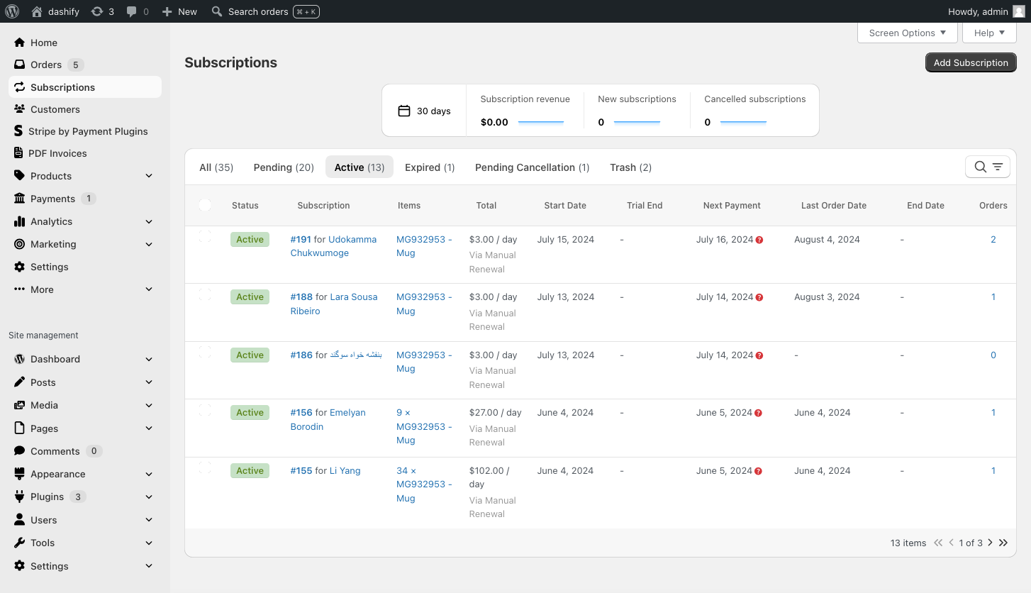 Screenshot of the list of active subscriptions in WooCommerce Subscriptions with the Dashify plugin enabled, which has given the list a modern design.