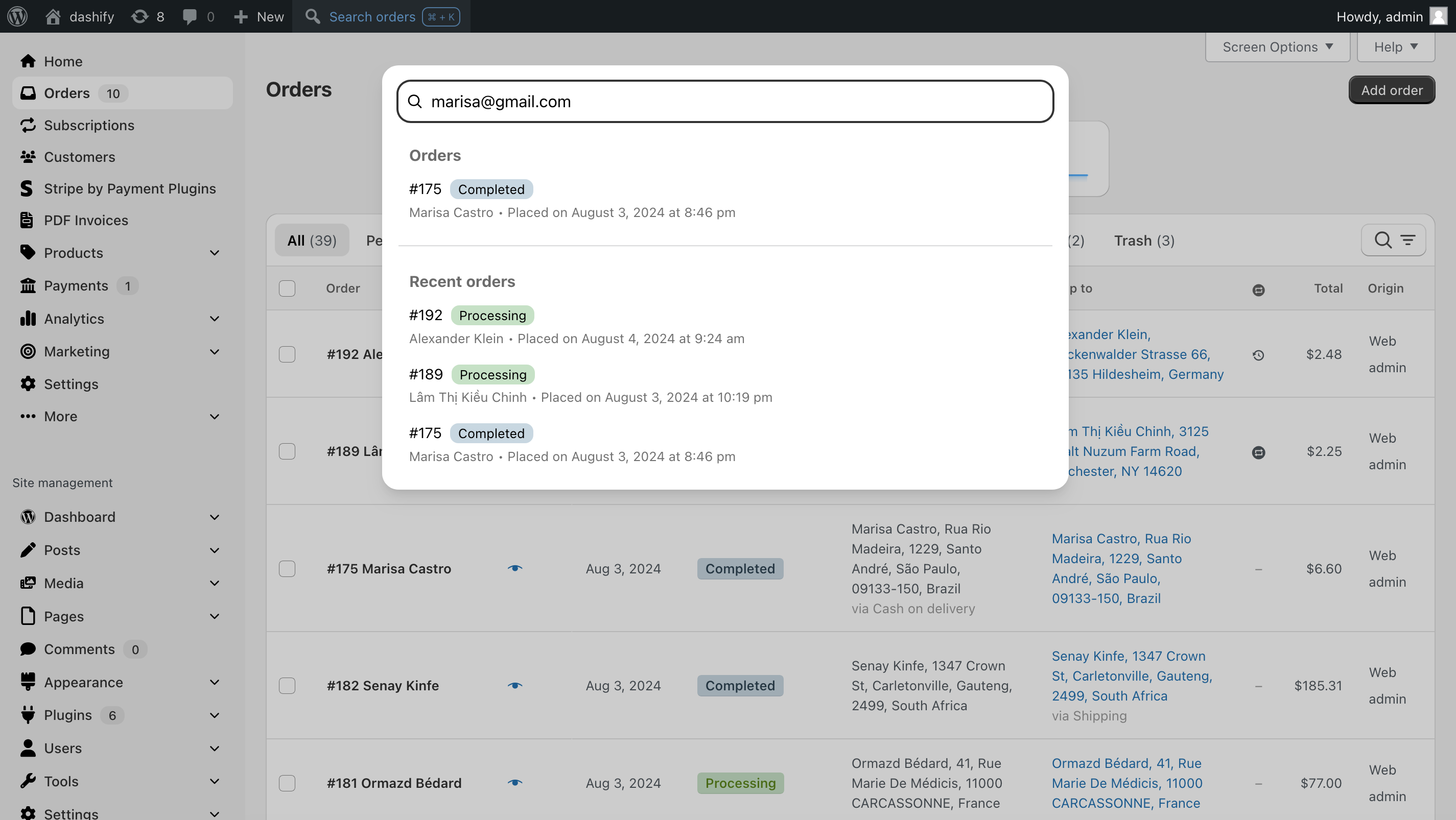 Screenshot of the Dashify global order search popup opened, with the background of the WordPress admin grayed out. “marisa@gmail.com” has been entered into the search bar, and one result is showing: an order for Marisa Castro.