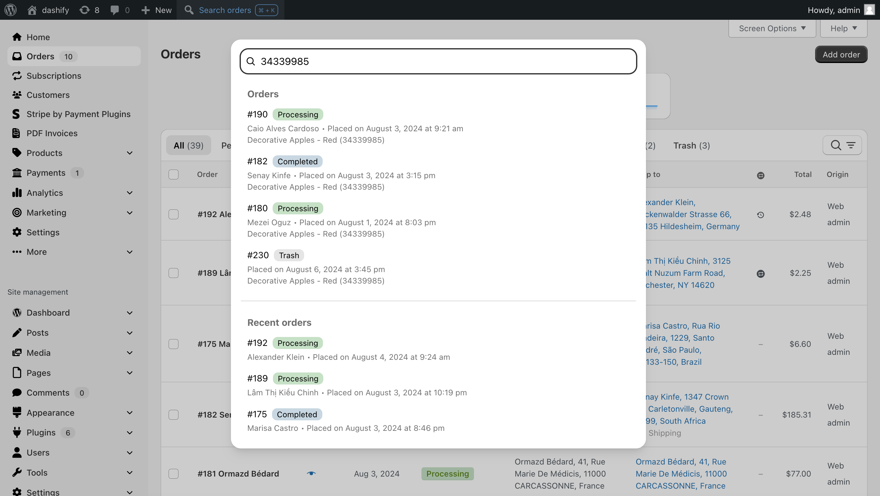 Screenshot of the Dashify global search window where a product SKU has been entered into the search input, and four results are showing which are orders that contain that particular SKU.