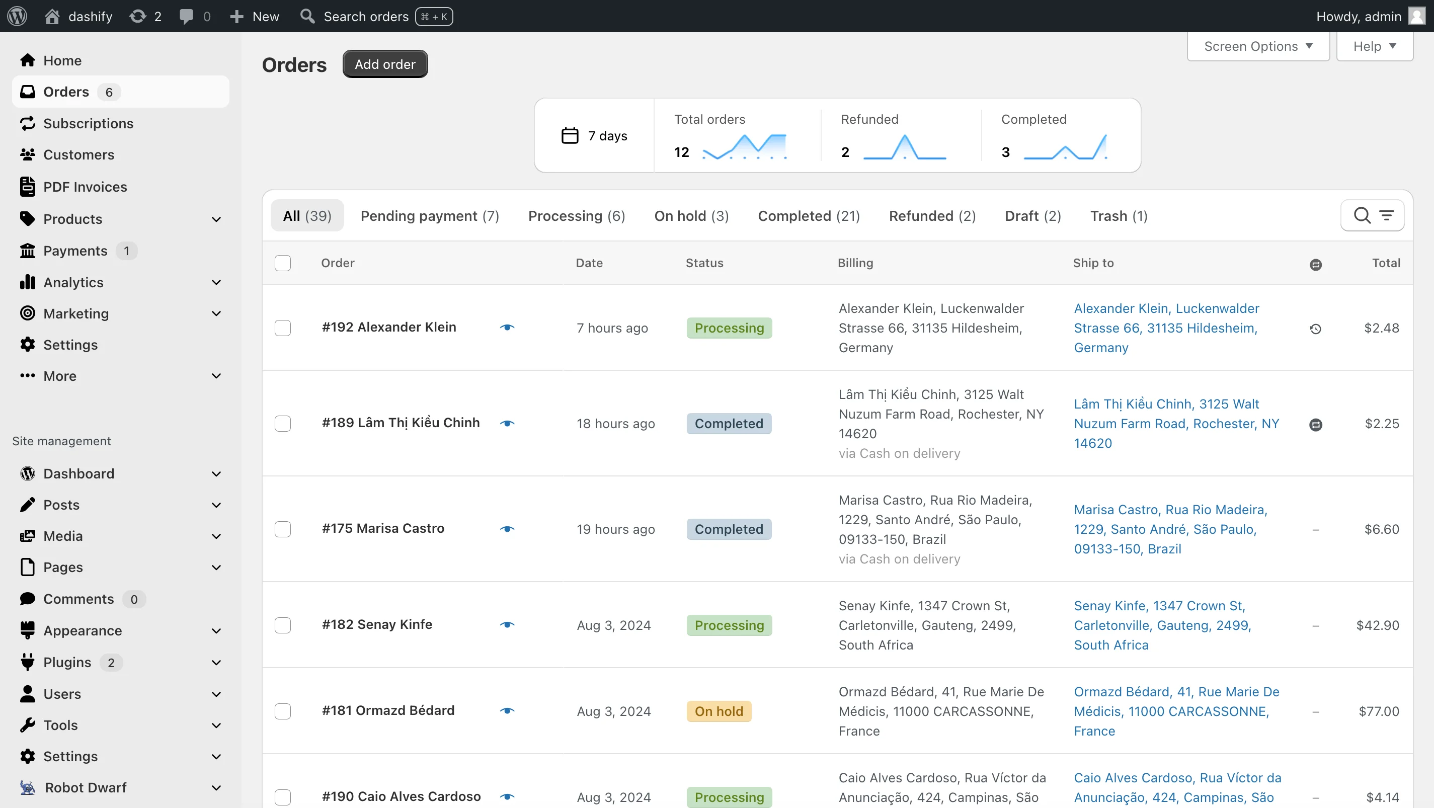 Screenshot of the WooCommerce order list page with Dashify styles and functionality.