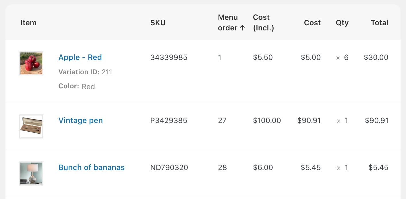 Screenshot of the “Menu order” column that Dashify adds to the line items in the admin order edit view in WooCommerce. This column has a number which represents the position of the product on the store’s Shop page.