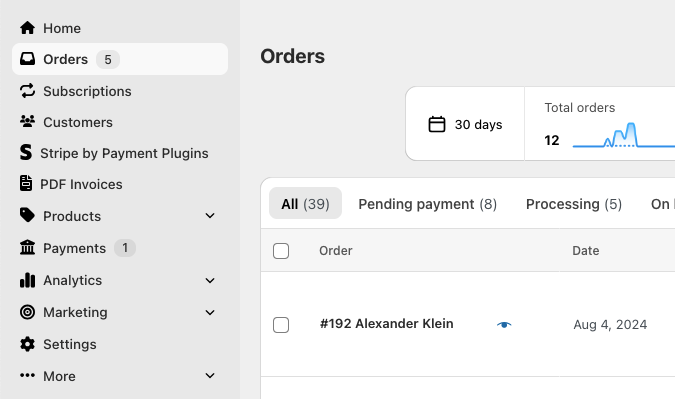 Screenshot of the WordPress admin navigation when Dashify is enabled, showing WooCommerce items at the top of the sidebar in a new design. Also, items such as Orders that were previously in a submenu are now one click away.