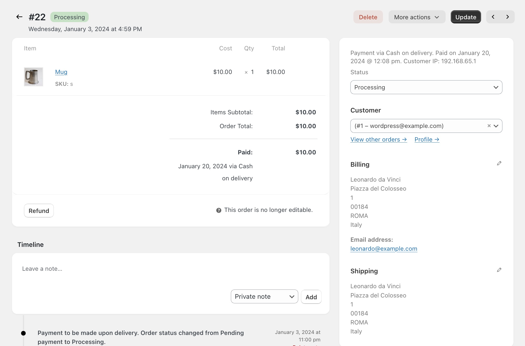 Screenshot of how Dashify changes the WooCommerce admin order view to be more like Shopify in terms of layout and style.