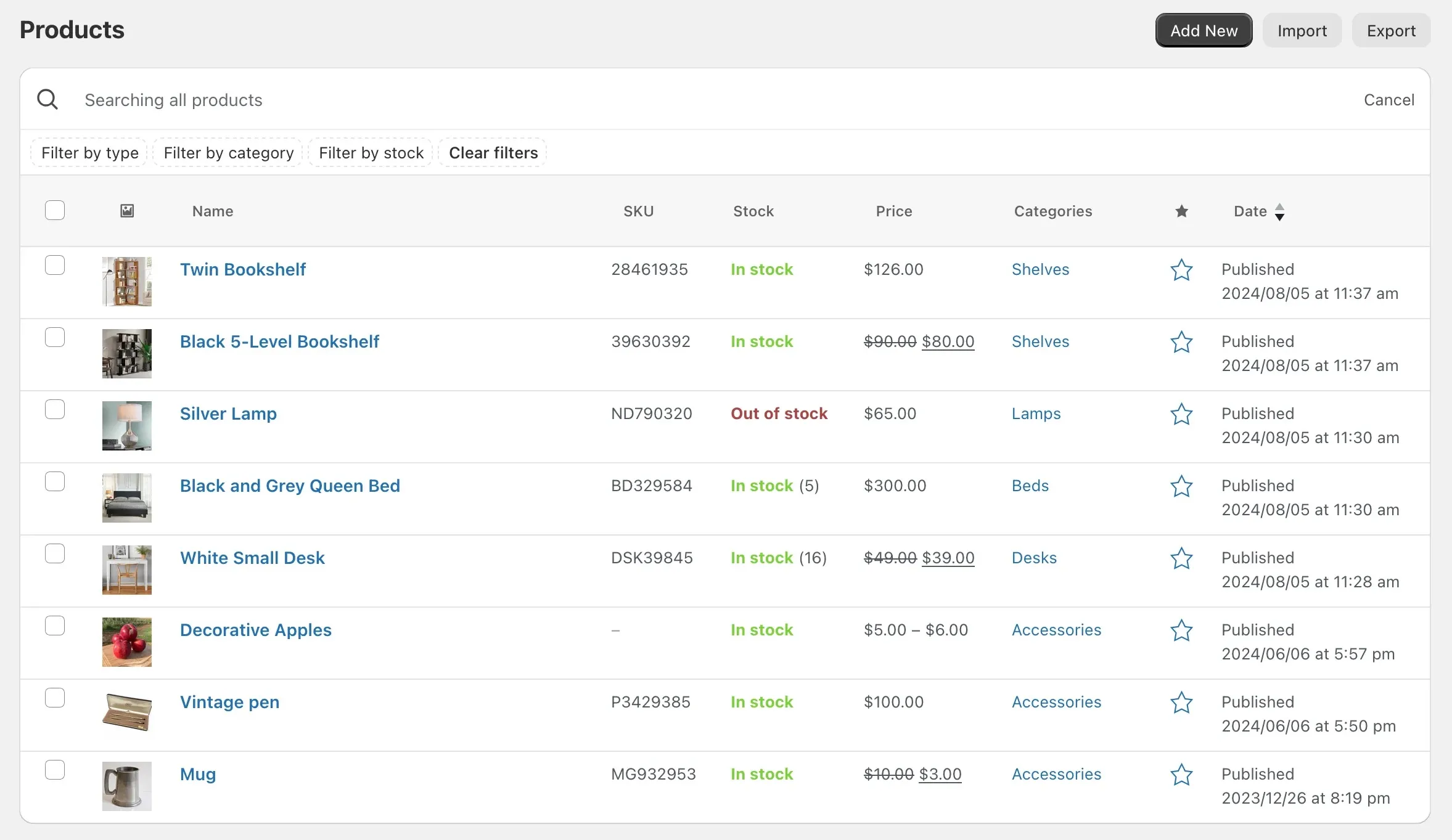 Screenshot of the WooCommerce product list with Dashify enabled. The table that shows all the products has a modern design, and elements of the page are grouped intuitively. For example, all searching and filtering happens at the top of the table, after clicking a search and filter icon.