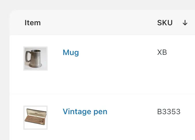 Screenshot of an order’s products in the WooCommerce order admin, showing SKU displayed as a separate column that can be sorted.