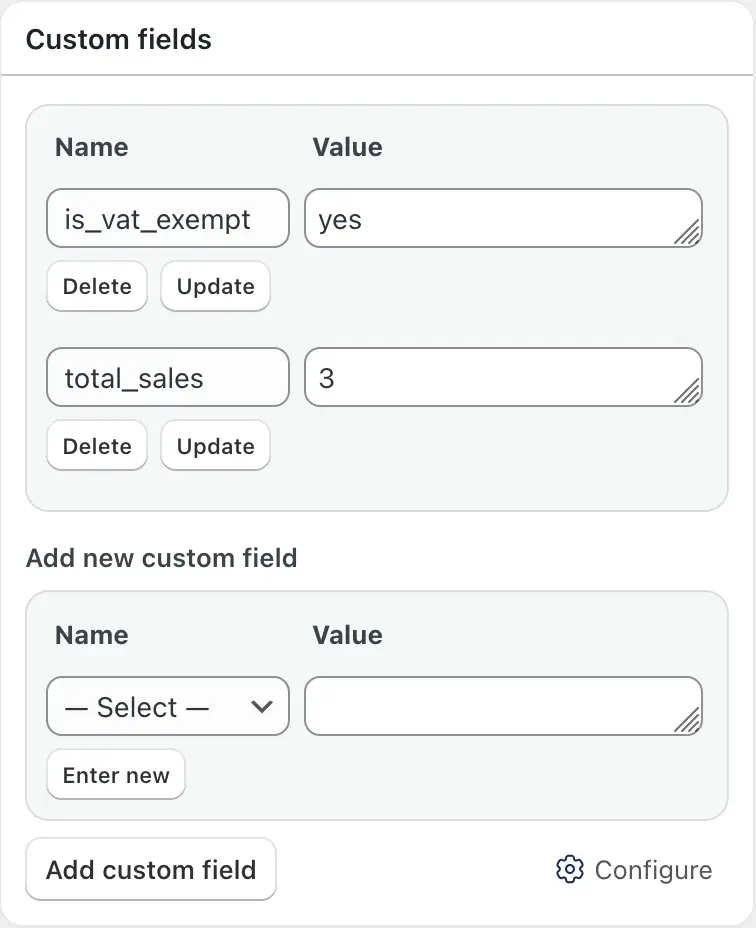 Screenshot of the custom fields in the WooCommerce edit order view, styled by Dashify. This screenshot shows that the buttons sizes are more consistent compared to previous releases of Dashify.