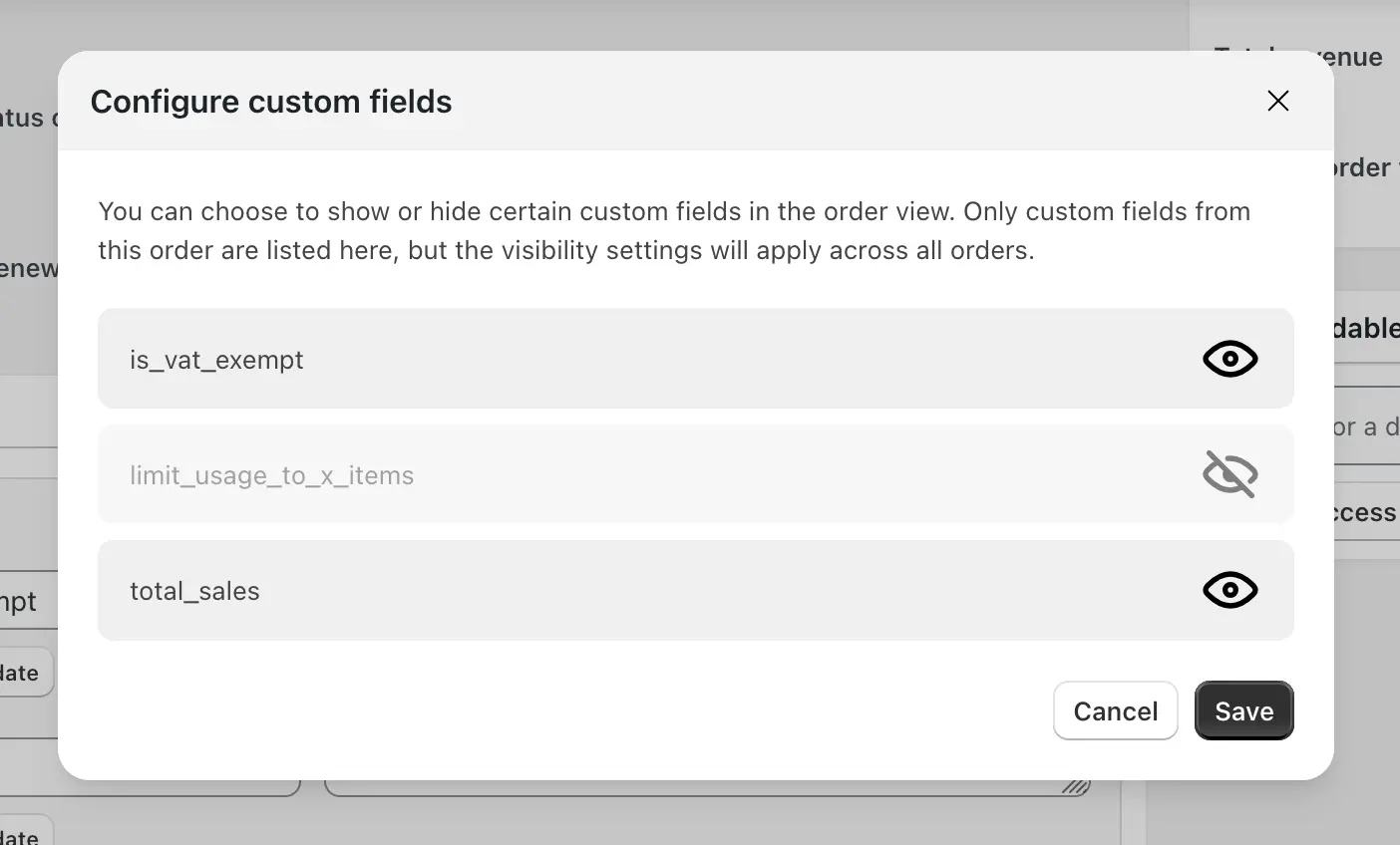 Screenshot of the Dashify configuration window for custom fields. It lists the custom fields from the order that the window was opened from, and there’s a button to mark a custom field as hidden, which will hide it globally across all orders.