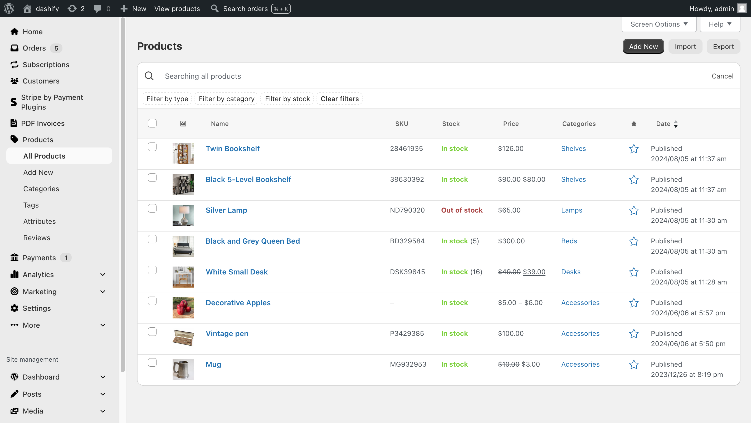 Screenshot of the WooCommerce product list with Dashify enabled. The table that shows all the products has a modern design, and elements of the page are grouped intuitively. For example, all searching and filtering happens at the top of the table, after clicking a search and filter icon.