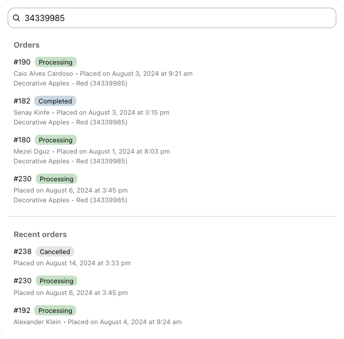 Screenshot of Dashify’s global search window. A product SKU is entered into the search field, and four results are showing. These four results are orders that contain that product SKU. A brief summary of each order is shown, with information such as customer name, order ID, and the matching product title.