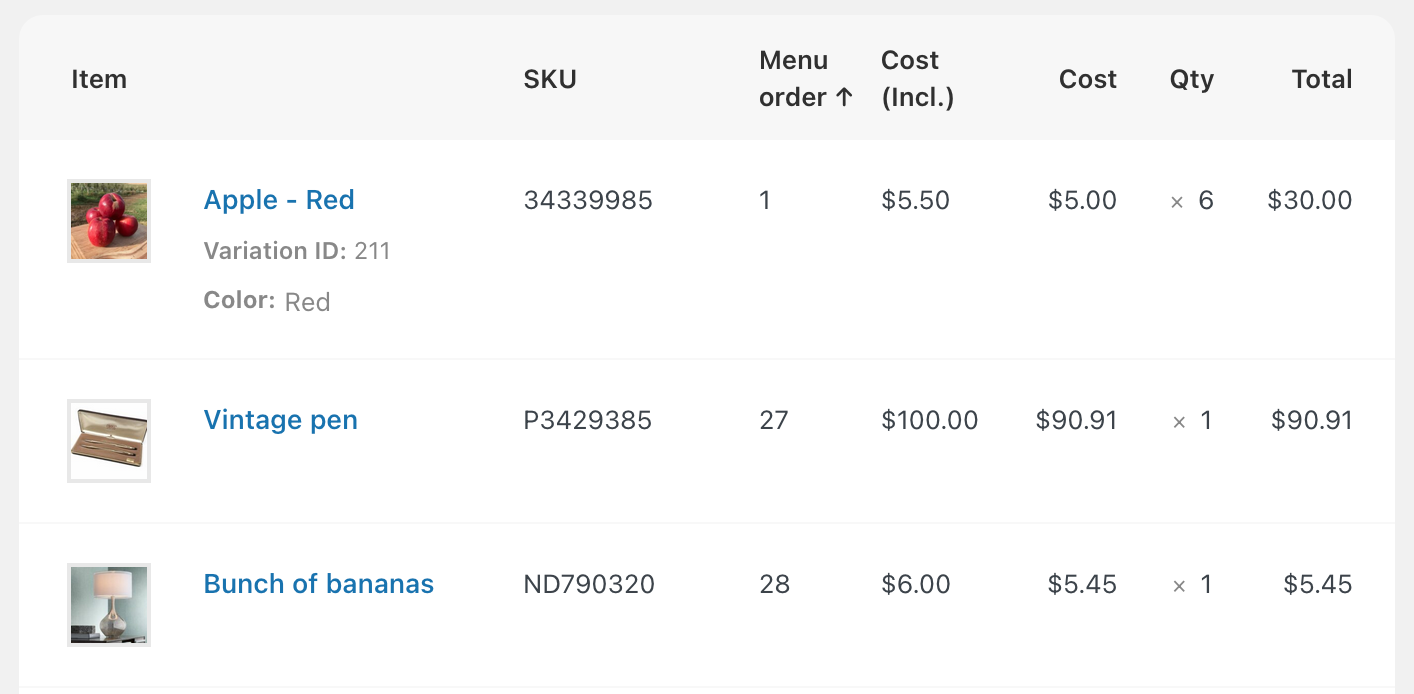 Screenshot of the “Menu order” column that Dashify adds to the line items in the admin order view in WooCommerce. This column has a number which represents the position of the product on the store’s Shop page.